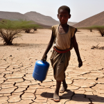 A poignant scene of a child carrying heavy water jerrycans across a vast, sun-cracked, arid landscape in Djibouti, illustrating the severe freshwater scarcity and desertification. The ground is parched and dusty, with distant, struggling vegetation under a blazing sun.