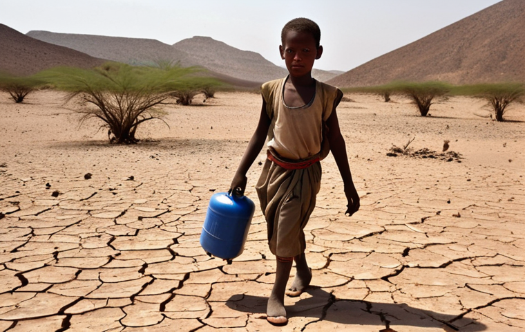 A poignant scene of a child carrying heavy water jerrycans across a vast, sun-cracked, arid landscape in Djibouti, illustrating the severe freshwater scarcity and desertification. The ground is parched and dusty, with distant, struggling vegetation under a blazing sun.