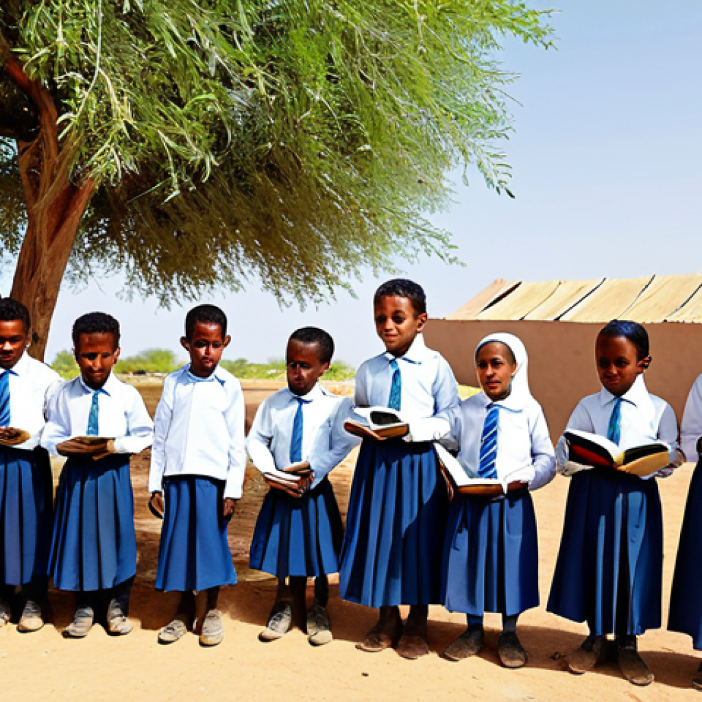 **

"A group of Djiboutian children, fully clothed in modest school uniforms, participating in a multilingual storytelling session outdoors, with books in Afar, Somali, Arabic, and French visible. Background features a traditional Djiboutian village. Safe for work, appropriate content, family-friendly, perfect anatomy, correct proportions, well-formed hands, proper finger count, natural pose, professional illustration, high quality."

**