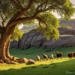 지부티 역사적인 유물과 박물관 - **Prompt:** A vibrant depiction of an ancient agro-pastoral community in a lush, green landscape, re...
