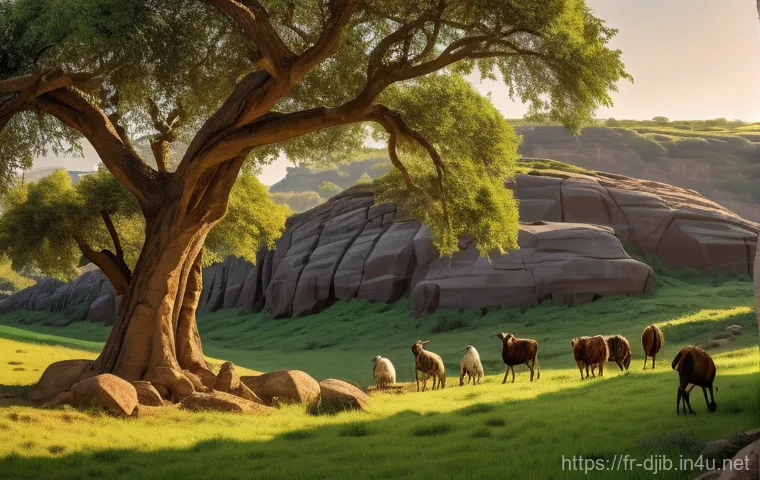 지부티 역사적인 유물과 박물관 - **Prompt:** A vibrant depiction of an ancient agro-pastoral community in a lush, green landscape, re...