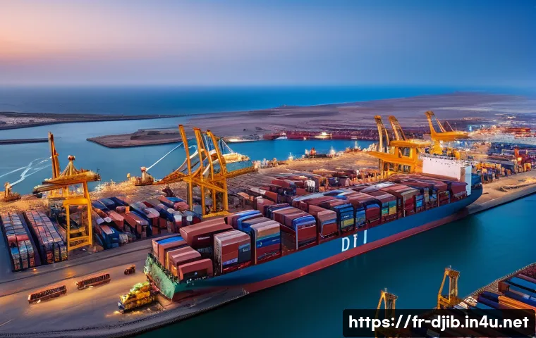 지부티 무역 루트와 해상 전략적 위치 - A panoramic aerial view of the modern port of Djibouti at sunset, showcasing giant cranes unloading ...