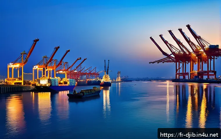 지부티와 아프리카 유럽 간 역사적 교류 - A bustling modern port scene at Djibouti, showing large cargo ships docking alongside traditional wo...